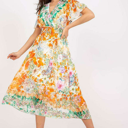 Chic Midi Dress With Colorful Prints And Coordinating Belt - Très Elite