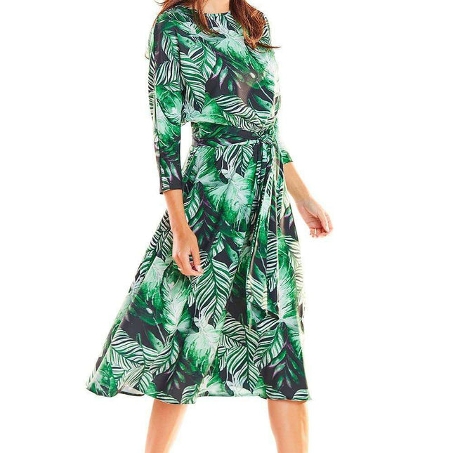 Chic Midi Dress with Stylish Prints and Complementary Waist Belt
