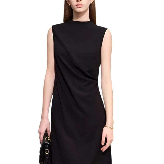 Chic Minimalist Sleeveless Black Dress for Women - Elegant Slim Fit with Modern Half-High Neck Design