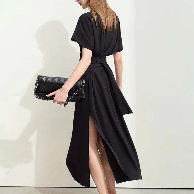 Chic Minimalist V-Neck Pleated Summer Dress with Lace-Up Detail for Women