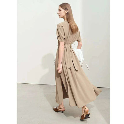 Chic Minimalist V-Neck Pleated Summer Dress with Lace-Up Detail for Women