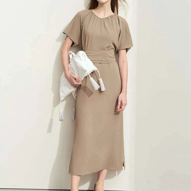 Chic Minimalist V-Neck Pleated Summer Dress with Lace-Up Detail for Women