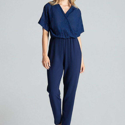 Chic Navy Blue Brocade Jumpsuit with Stylish Design - Très Elite