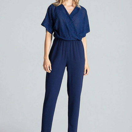 Chic Navy Blue Brocade Jumpsuit with Stylish Design - Très Elite