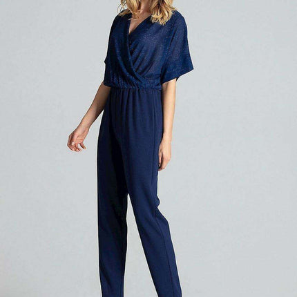 Chic Navy Blue Brocade Jumpsuit with Stylish Design - Très Elite