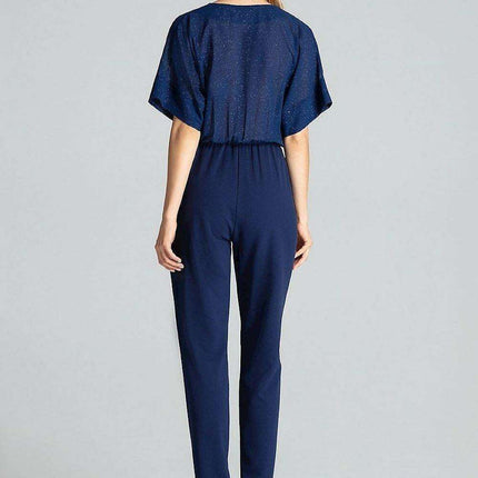 Chic Navy Blue Brocade Jumpsuit with Stylish Design - Très Elite