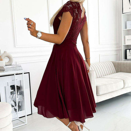 Chic Navy Blue Lace Chiffon Evening Gown with Short Sleeves by Numoco - Très Elite