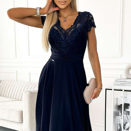 Chic Navy Blue Lace Chiffon Evening Gown with Short Sleeves by Numoco - Très Elite