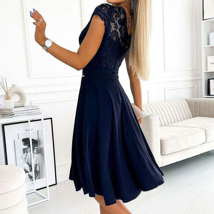 Chic Navy Blue Lace Chiffon Evening Gown with Short Sleeves by Numoco - Très Elite