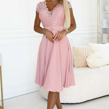 Chic Navy Blue Lace Chiffon Evening Gown with Short Sleeves by Numoco - Très Elite