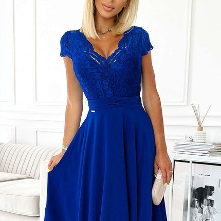 Chic Navy Blue Lace Chiffon Evening Gown with Short Sleeves by Numoco - Très Elite