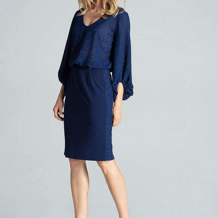 Chic Navy Blue Midi Pencil Skirt with Exquisite Brocade Accents - Très Elite