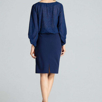 Chic Navy Blue Midi Pencil Skirt with Exquisite Brocade Accents - Très Elite