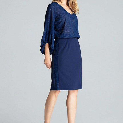 Chic Navy Blue Midi Pencil Skirt with Exquisite Brocade Accents - Très Elite