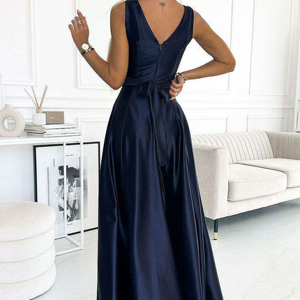 Chic Navy Blue Satin Maxi Dress with Elegant Bow Detail - European Design
