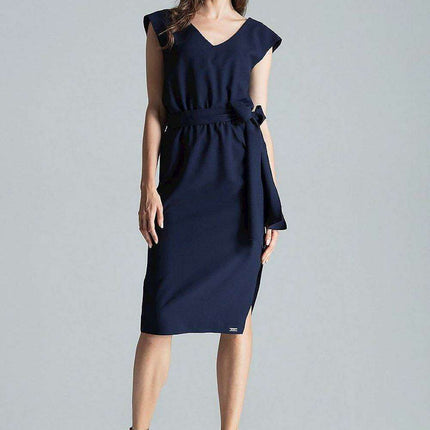 Chic Navy Blue V-Neck Midi Dress with Sensational Side Slit - Très Elite