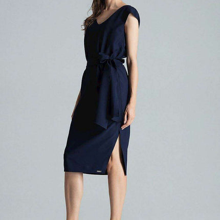 Chic Navy Blue V-Neck Midi Dress with Sensational Side Slit - Très Elite