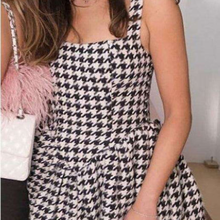 Chic Off-Shoulder Houndstooth Cocktail Dress with Sexy Backless Design - Très Elite