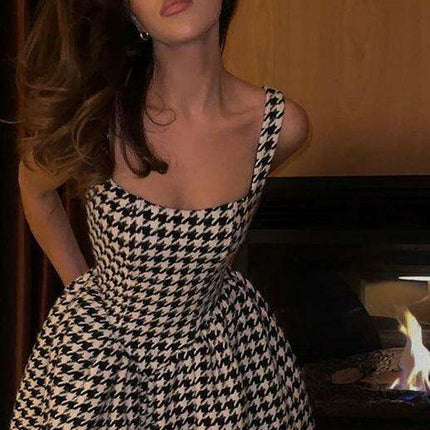 Chic Off-Shoulder Houndstooth Cocktail Dress with Sexy Backless Design - Très Elite