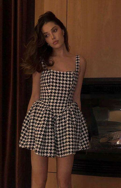 Chic Off-Shoulder Houndstooth Cocktail Dress with Sexy Backless Design