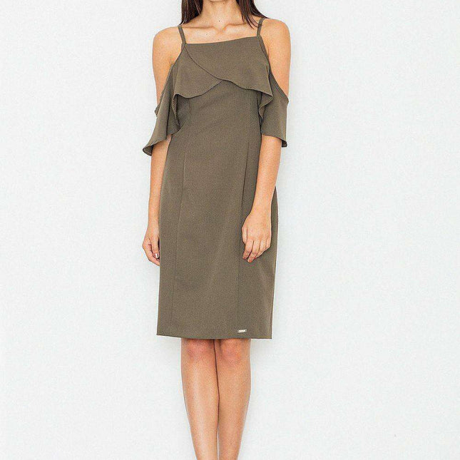 Chic Off-Shoulder Knit Dress with Playful Frills and Flattering Fit