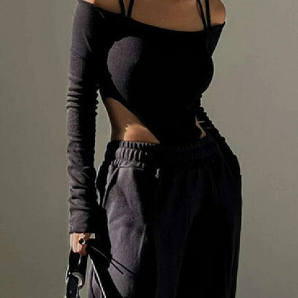 Chic Off-Shoulder Long Sleeve Bodycon Bodysuit - Essential High Waist Black Nightlife Outfit for Women - Très Elite