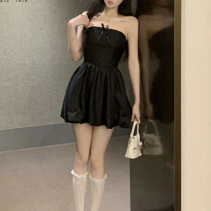 Chic Off-Shoulder Pleated Mini Dress with Elegant Bow Detail - Essential for Summer 2024 Korean Casual Parties - Très Elite