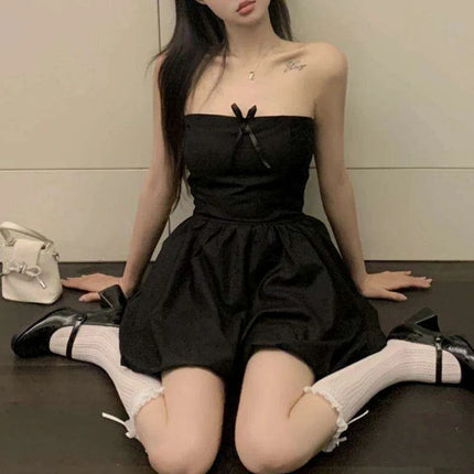 Chic Off-Shoulder Pleated Mini Dress with Elegant Bow Detail - Essential for Summer 2024 Korean Casual Parties - Très Elite