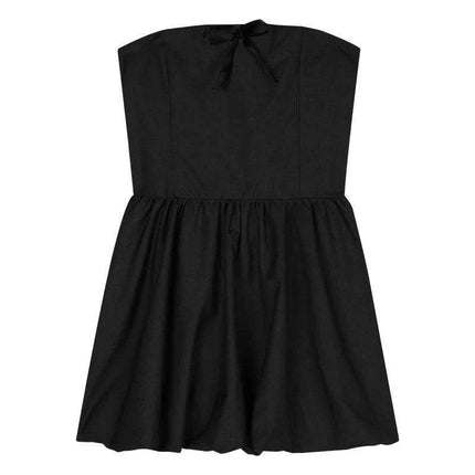 Chic Off-Shoulder Pleated Mini Dress with Elegant Bow Detail - Essential for Summer 2024 Korean Casual Parties
