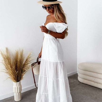 Chic Off-the-Shoulder High-Waisted Dress with Square Neckline - Très Elite