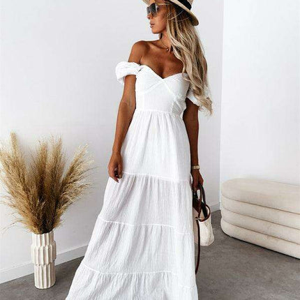 Chic Off-the-Shoulder High-Waisted Dress with Square Neckline - Très Elite