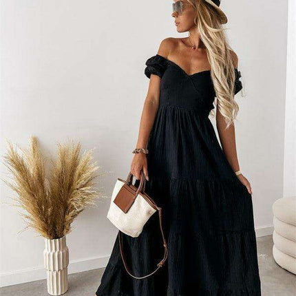 Chic Off-the-Shoulder High-Waisted Dress with Square Neckline - Très Elite