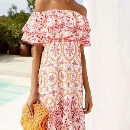 Chic One-Shoulder Floral Embroidered Dress with Elegant Front Slit- Très Elite- Très Elite