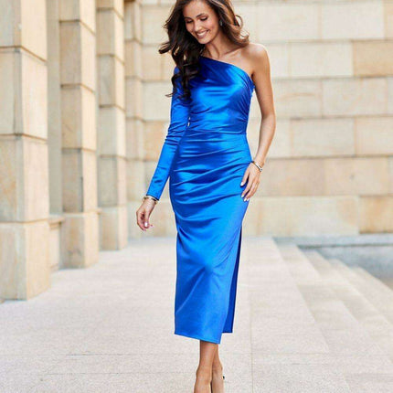 Chic One-Shoulder Satin Midi Dress with Alluring Slit