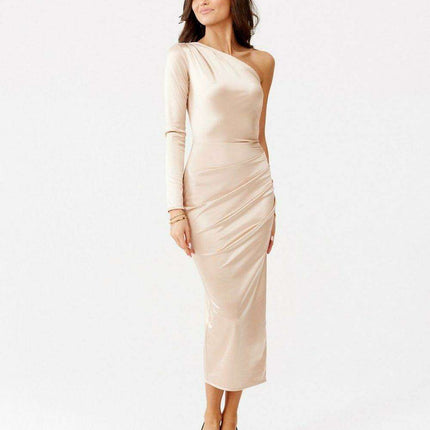 Chic One-Shoulder Satin Midi Dress with Alluring Slit - Très Elite