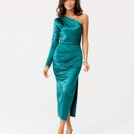 Chic One-Shoulder Satin Midi Dress with Alluring Slit - Très Elite