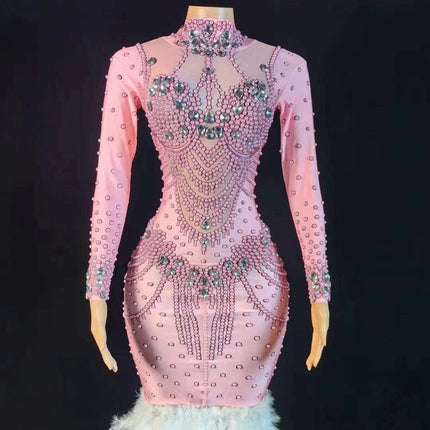 Chic Pink Trumpet Dress with Feather Details for Women Performers - Très Elite
