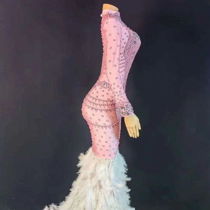 Chic Pink Trumpet Dress with Feather Details for Women Performers - Très Elite
