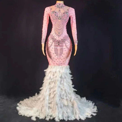 Chic Pink Trumpet Dress with Feather Details for Women Performers - Très Elite