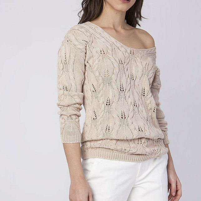 Chic Plaid Knit Sweater with Trendy Shoulder Cutouts - Très Elite