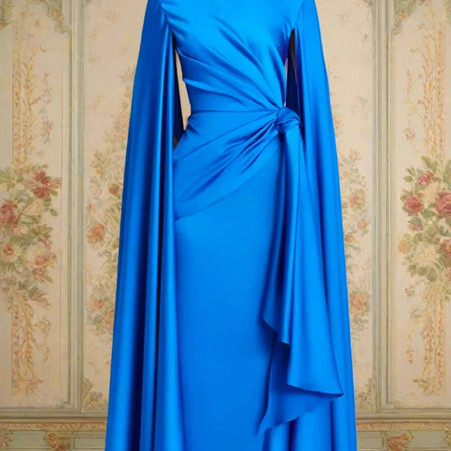 Chic Pleated Evening Dress with Bow Waist and Elegant Cape Sleeves - Summer Collection 35Z774