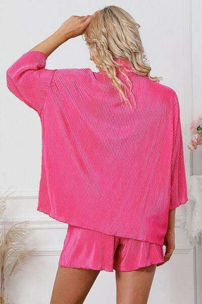 Chic Pleated Loungewear Ensemble with Button-Up Top and Matching Shorts - Très Elite