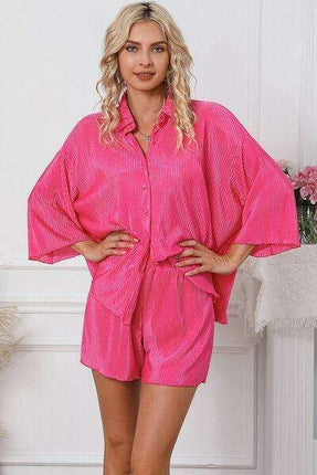 Chic Pleated Loungewear Ensemble with Button-Up Top and Matching Shorts - Très Elite