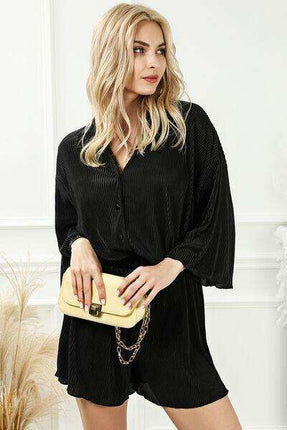 Chic Pleated Loungewear Ensemble with Button-Up Top and Matching Shorts - Très Elite