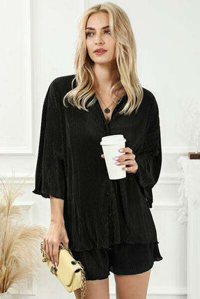 Chic Pleated Loungewear Ensemble with Button-Up Top and Matching Shorts - Très Elite