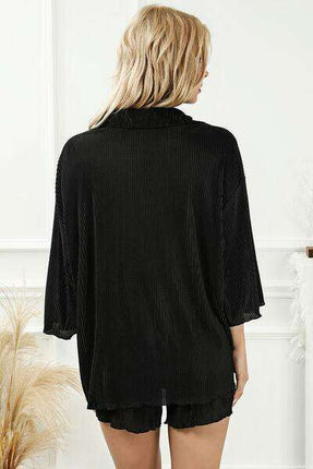Chic Pleated Loungewear Ensemble with Button-Up Top and Matching Shorts - Très Elite