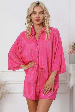 Chic Pleated Loungewear Ensemble with Button-Up Top and Matching Shorts - Très Elite