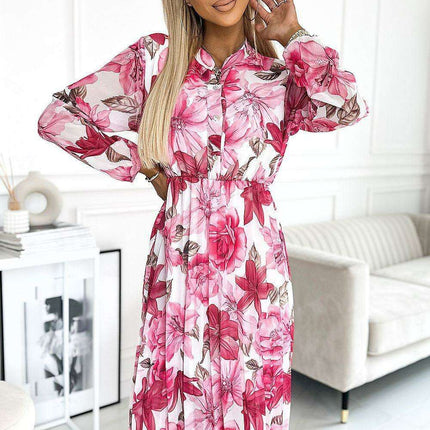 Chic Pleated Midi Dress with Orange Rose Print by Numoco - Très Elite