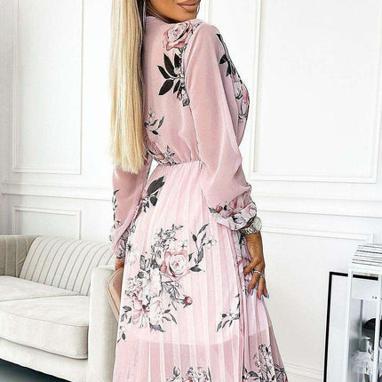 Chic Pleated Midi Dress with Orange Rose Print by Numoco - Très Elite