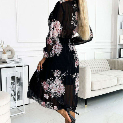 Chic Pleated Midi Dress with Orange Rose Print by Numoco - Très Elite